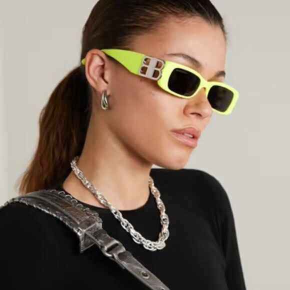 NEW BalenciagaBB0096S 008 Yellow Silver Logo Grey Square Unisex Sungla…
